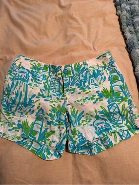 Lilly Pulitzer Walsh White Shorts with Blue & Green Nautical lighthouse Print